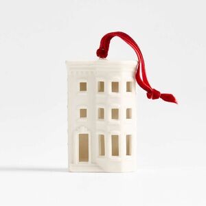 Crate&Barrel delightful brownstone Christmas ornament celebrates city living.